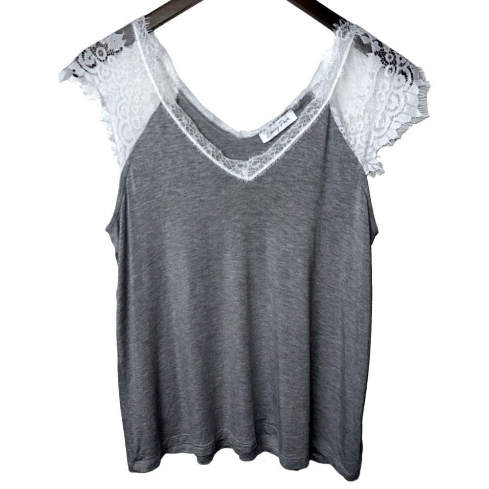 Emory Park Top Women's Size L Grey and White Lace Accent